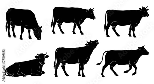 Collection of Silhouetted Cows in Various Poses Grazing, Standing, and Resting Silhouettes