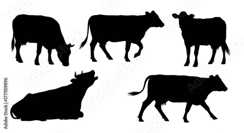 Collection of Detailed Cow Silhouettes Depicting Various Poses and Activities, Ideal for Farm Animal Vector Graphics and Agricultural Design Elements