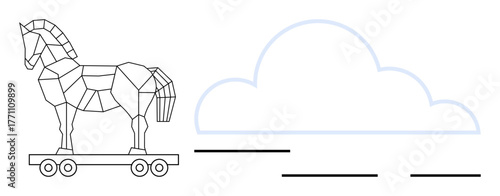 Geometric Trojan horse on wheels beside a cloud outline, evoking themes of cybersecurity, digital threats, or hidden dangers. Ideal for technology, risks, malware, data, online security strategy