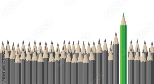 One vibrant green pencil stands tall and distinct from a multitude of uniform grey pencils, representing individuality and success.