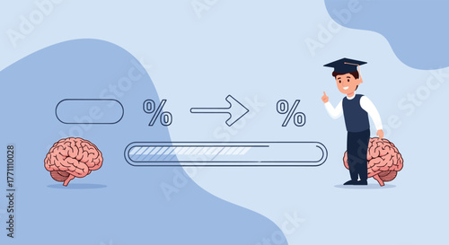 Conceptual illustration depicting brain development and educational progress from an initial state to a successful graduate student.