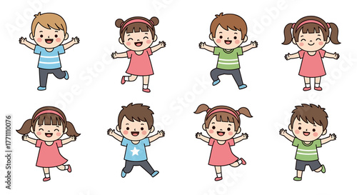 Collection of diverse cartoon children with happy expressions and open arms, showcasing active joy and playful innocence in various outfits