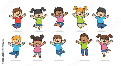 Cheerful diverse children leaping with joy and vibrant energy, celebrating pure happiness and playful childhood moments together in a dynamic, illustrative style