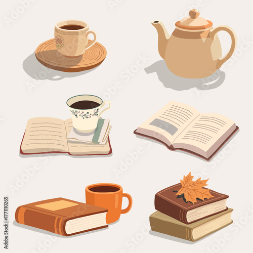 Cozy Reading Illustration with Books Coffee and Teapot in Warm Autumn Colors Calm Relaxing Lifestyle Scene