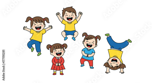 Vibrant group of cheerful young children expressing pure joy and playful energy, jumping, laughing, and having fun together in a lively illustration