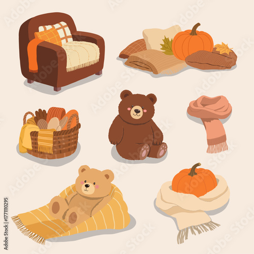 Cozy Autumn Home Illustration with Teddy Bears Blankets Pumpkins and Warm Decor in Soft Brown and Orange Tones