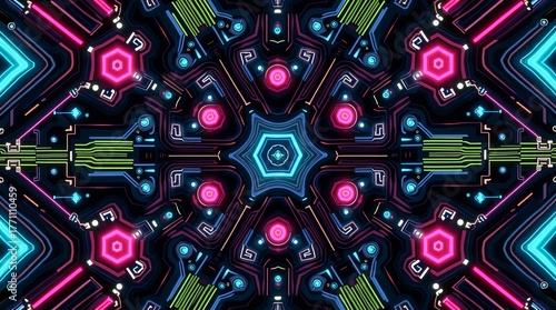 Neon circuit board kaleidoscope abstract background