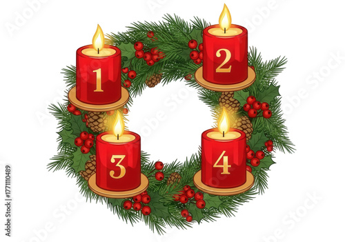 Christmas Advent wreath with four numbered red candles.