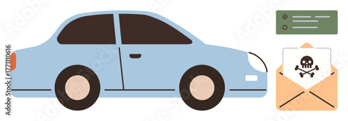 Blue car parked next to an envelope with a skull icon and a document. Ideal for themes thumbs up danger, warning, crime, traffic violation, fines, legal notice, cybersecurity. Simple flat metaphor