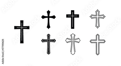 A collection of various Christian cross designs in black and white, suitable for religious iconography and design elements.