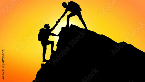 Two hikers silhouetted against a vibrant sunset helping each other climb a mountain