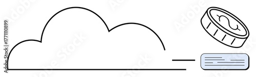 Minimalist cloud with a coin and database block symbolizing online data storage, financial transactions, and digital economy. Ideal for innovation, technology, finance, data security, cloud