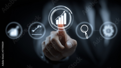 A finger pressing a growth dashboard icon among analysis symbols portrays performance tracking and data driven decisions for continuous improvement.
