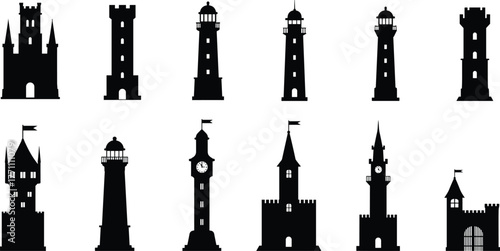 Architectural tower silhouettes, medieval castles, lighthouses, clock towers, spires, turrets, historic architecture, fortress towers, urban landmarks, 