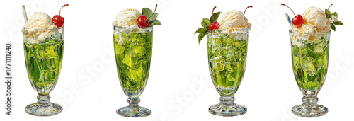 Delightful Soda Floats: An enticing quartet of ice cream soda floats, each garnished with a bright red cherry and mint leaf, standing as a testament to the art of refreshment and summer delight.