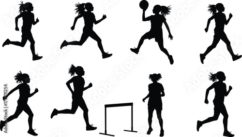 Athlete silhouettes, running, jumping, basketball, hurdling, sports motion, fitness, exercise, dynamic posture, energy, lifestyle, body, design, art