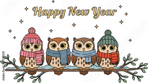 Happy new year owls winter holiday season greeting card illustration vector