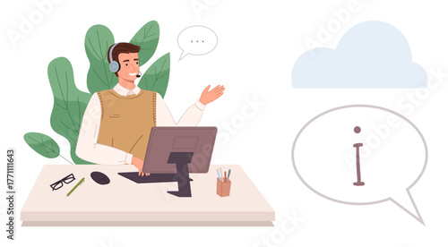 Man with a headset gesturing while seated at desk with computer, chat bubbles. Ideal for customer service, technical help, online training, virtual meetings, consultation, communication, simple flat
