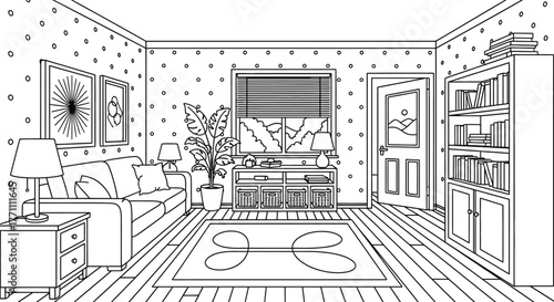 Black and white living room interior design coloring page vector art vector