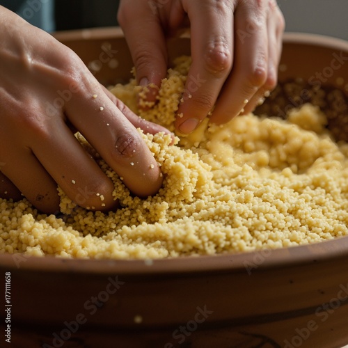 Hands preparing homemade couscous in a traditional wooden bowl close up