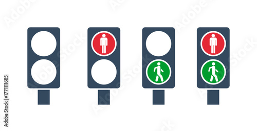 red green pedestrian traffic lights vector icons set, pictograms collection isolated on white background, stop or danger, waiting or attention, go or walk
