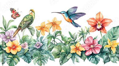 Hummingbird and flowers watercolor background Tinny bird fly in jungle. Seamless pattern with floral romantic elements