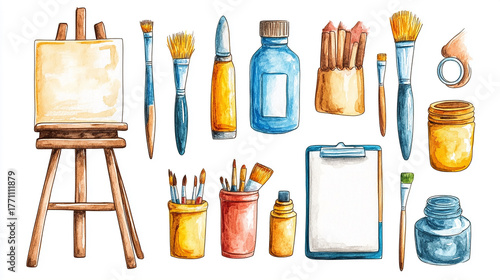 Set of art essential tool supplies for painter artist, paintbrush brush, palette, oil paint tube bottle, color wheel, pencil, easel canvas, transparent cutout. Many different mockup