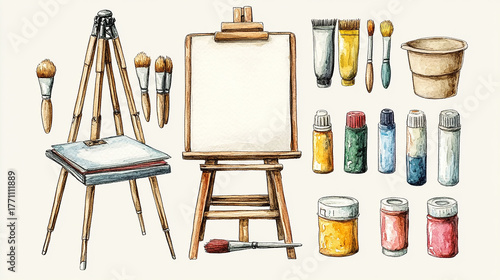 Set of art essential tool supplies for painter artist, paintbrush brush, palette, oil paint tube bottle, color wheel, pencil, easel canvas, transparent cutout. Many different mockup