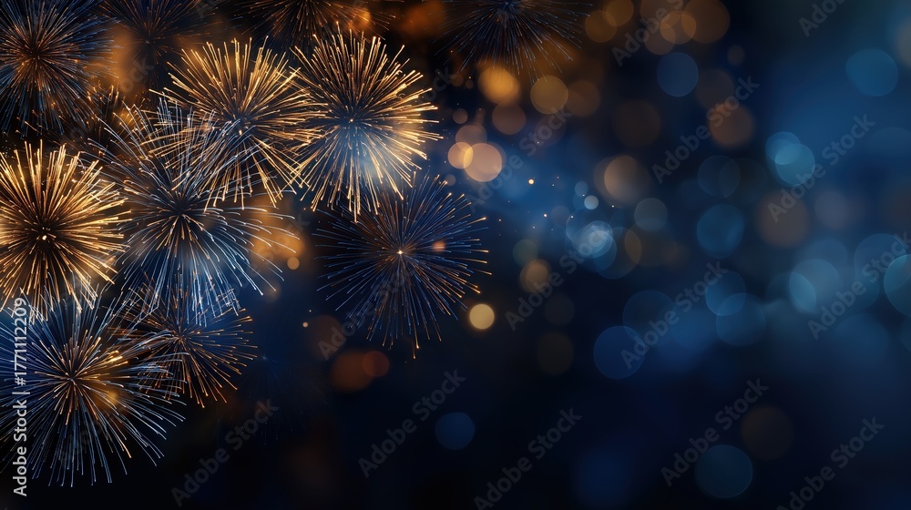 Fototapeta premium A vibrant display of fireworks lighting up the night sky, surrounded by colorful bokeh effects, creating a festive atmosphere.