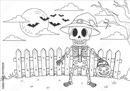 Halloween Skeleton Coloring Page Bats, Moon, and Festive Fun