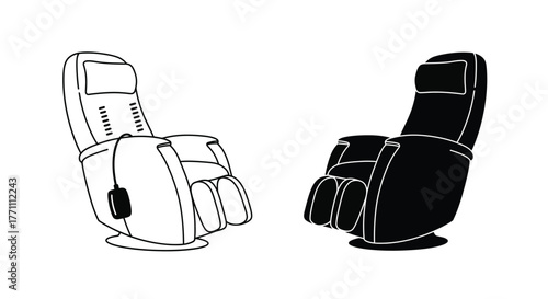 Black and white outline illustration of two modern massage chairs