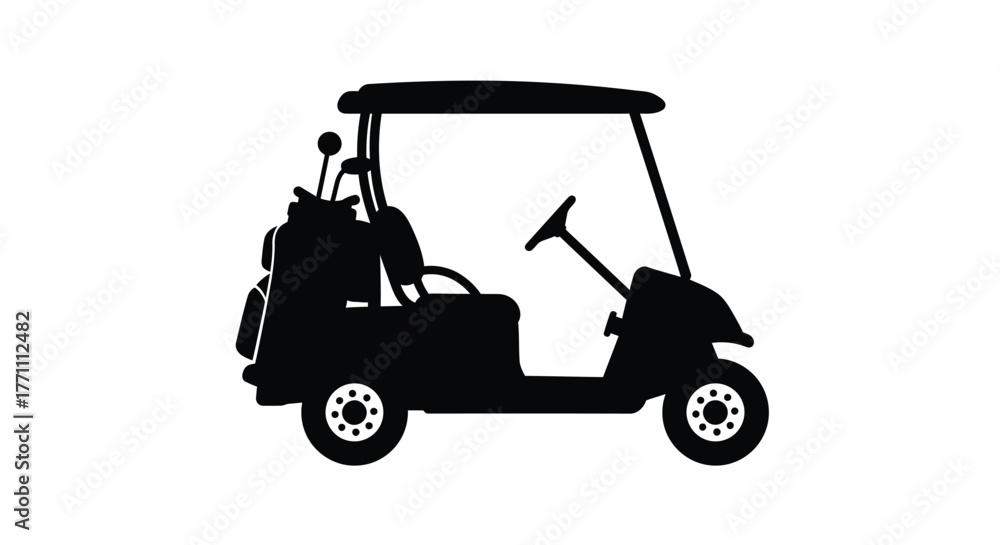 Fototapeta premium Simple black silhouette of a golf cart with clubs and steering wheel