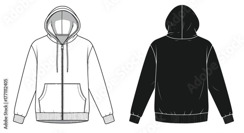 Technical drawing of a black and white hooded sweatshirt design template