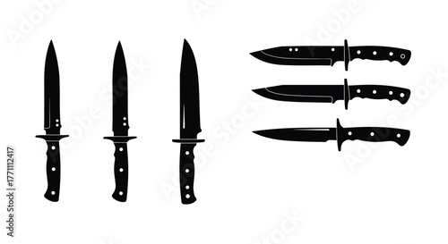 A collection of various black silhouette knives shown in a vertical arrangement