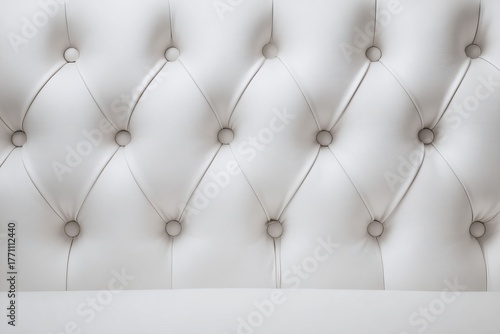 Close-up of a white tufted headboard with button details.