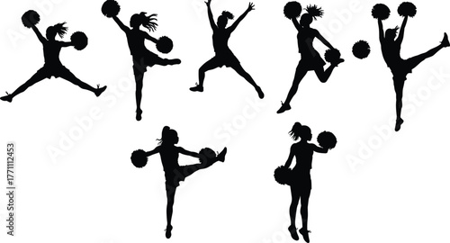 Cheerleader silhouettes with pom poms, jumping, kicking, dancing, energetic poses, performance, spirit, sports event, enthusiasm, athletic, lifestyle, design