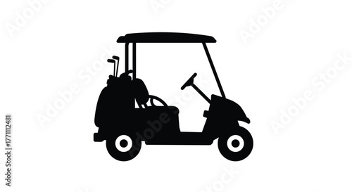 Simple black silhouette illustration of a golf cart with clubs visible