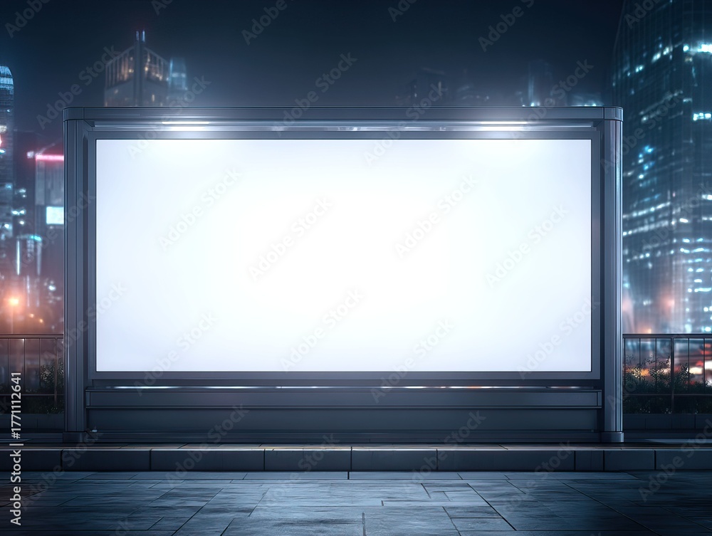 Fototapeta premium Illuminated Billboard at Night - A Blank Canvas for Urban Advertising.