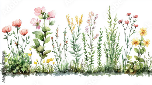 Various types of flowers grass bushes shrub and small bush isolated on white or transparent background