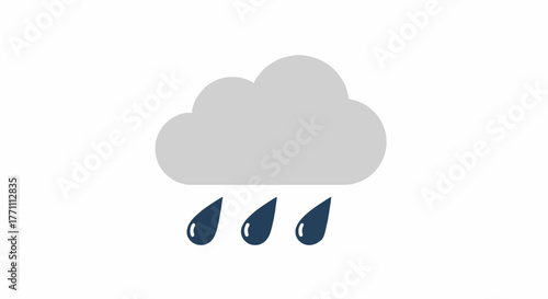 Vector rain cloud icon with raindrops falling, simple and clean weather symbol, minimal flat style, isolated on white background.