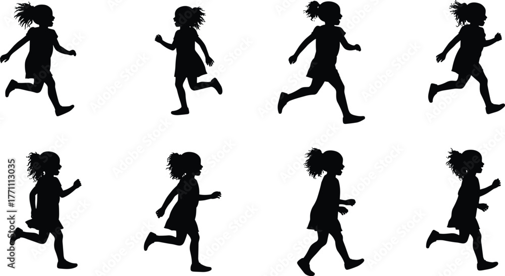Naklejka premium Child running silhouettes, motion sequence, ponytail, dynamic posture, exercise, activity, fitness, biomechanics, animation reference, lifestyle, movement, design