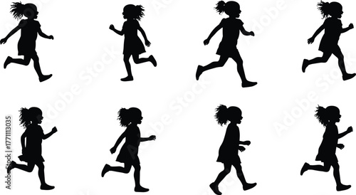 Child running silhouettes, motion sequence, ponytail, dynamic posture, exercise, activity, fitness, biomechanics, animation reference, lifestyle, movement, design