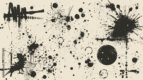 A collection of abstract ink splatters and paint blots in black, creating a textured design element against a neutral, off-white background.