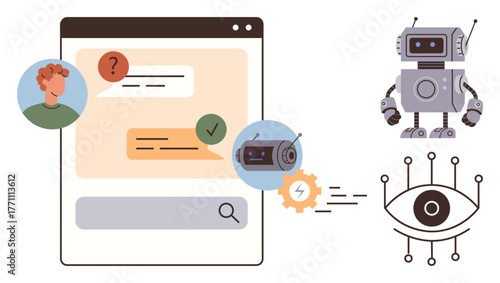 Digital chat window with messages, robot interacting with user, AI eye symbol emphasizing machine learning. Ideal for AI communication, chatbot, technology, robotics, automation, user interaction