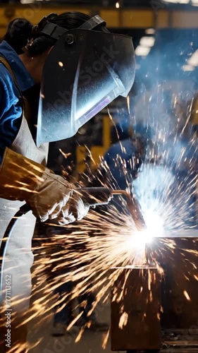 Welder in action sparks fly during metalwork process in industrial setting