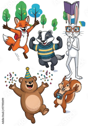 Set of cute cartoon woodland animal characters having fun.