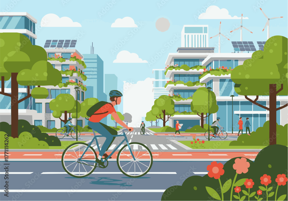 Naklejka premium A cyclist rides on a designated bike lane in a modern, eco-friendly city with green buildings, solar panels, wind turbines, and pedestrians.