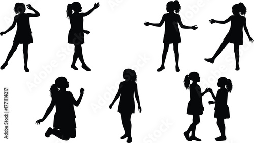 Children silhouettes in various poses, standing, walking, kneeling, gesturing, playful activity, ponytail girl, childhood motion, human body movement, interaction, education