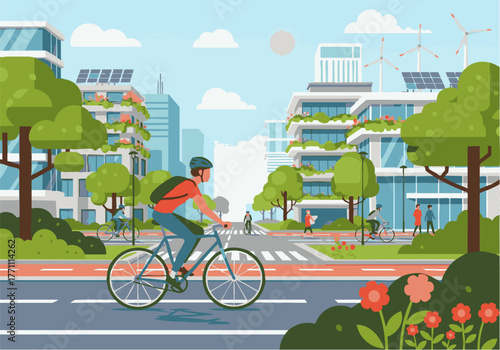 A cyclist rides on a designated bike lane in a modern, eco-friendly city with green buildings, solar panels, wind turbines, and pedestrians.