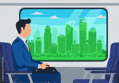 A businessman in a suit gazes out of a train window at a green city skyline.